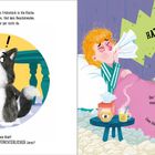 Links: Ein überrascht blickender Hund mit leerem Napf. Rechts: Ein Hund, eine kranke Frau und eine Katze im Bett.