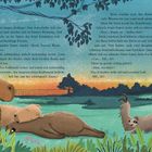 Ein Capybara liegt, zwei dösen darunter. Ein Faultier schaut aus dem Hintergrund neugierig hervor, umgeben von Vegetation.