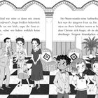 Zwei Textblöcke erzählen von einer Unterhaltung über Abendessenspläne. Fünf stilisierte Figuren in einem dekorativen Raum.