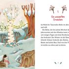 Der Text auf der rechten Seite beschreibt einen ruhigen, verschneiten Wald. Links sieht man eine Illustration von Bäumen im Schnee.