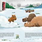 Ein Ameisenbär öffnet eine Tür in einer Schneelandschaft, mehrere Kapibara schauen neugierig.