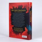 "SO GEHT FANTASY!" Ein dunkles, feuriges Hintergrund-Design mit dramatischem Farbverlauf von Rot zu Schwarz.