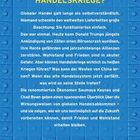 Text: "WELCHE CHANCEN UND GEFAHREN BIETEN HANDELSKRIEGE?" Inhalte über globale Handelskriege und ihre Auswirkungen. Blaues, gerastertes Muster im Hintergrund.