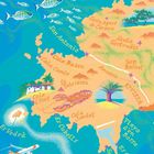 Karte von Ibiza: Orte wie San Antonio, Cala Bassa, Eivissa. Mit Fischen, Flugzeug, Hummer und Palme illustriert.