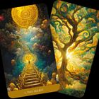 "1. DAS SELBST" auf einer Tarotkarte zeigt einen leuchtenden Pfad zu einer goldenen Sonne, neben einem strahlenden, bunten Baum.