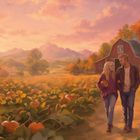 Eine Illustration zeigt ein Paar auf einem Kürbisfeld bei Sonnenuntergang vor einer roten Scheune.