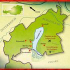 Illustration einer Landkarte: "Burgenland" in Österreich mit Orten wie Eisenstadt, Rust, Neusiedl, und dem Neusiedler See.