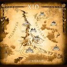 "XIO" oben. Orte: "Mellarien," "Belen," "Sternmine," "Queya," "Carass," "Vesalis," "Themnion." Eine Karte mit Bergen und Wäldern.