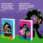 Links: „Nur der Tod ist schneller“. Rechts: „Lügen haben schnelle Beine“. Bücher mit Stadtlinie und Sportschuhen.