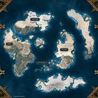 Karte mit Kontinenten: "WASSER", "ERDE", "LUFTINSELN", "FEUER". Kunstvolle Eckenrahmen, Inseln und Berge sind zu sehen.