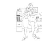 Illustration: Zwei Personen im Büro, Arm in Arm. Im Hintergrund ein Schreibtisch, Pflanzen und Regale mit Ordnern.