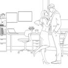 Zwei Personen elegant gekleidet in einem Büro, umgeben von Möbeln und Pflanzen, scheinen vertraut zu interagieren.