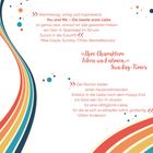 Mehrere Zitate über ein Buch, buntes, geschwungenes Streifenmuster und verstreute Punkte.