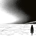 Ein Kind steht auf rissigem Boden, blickt in einen dunklen Himmel. Links heller, rechts dunkler Übergang.