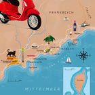 Illustration einer Karte der Côte d'Azur mit Orten wie Nizza, Monaco und Menton, einem roten Roller und kleinen Bildern.