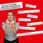 Texte: „Wer hat sich diese absurden Lebensregeln eigentlich ausgedacht?“, gefolgt von ironischen Lebensregeln. Eine Frau in gestreifter Bluse zeigt den Mittelfinger.