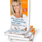 Buchtitel: "Alles, was Sie über Pflegefinanzierung wissen sollten". Cover zeigt Frau, orange Hintergrund.