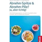 "Abnehm-Spritze & Abnehm-Pille? Ja, aber richtig!" Essen auf blauem Hintergrund: Salat, paniertes Fleisch, Beeren-Dessert.