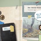 Links: „Zakas Notizbuch“, blaue Handschuhe, alte Münzen. Rechts: „Der Ernte-Streit“, Bild mit Steinhaufen, Sprechblase.