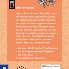 Rückseite eines Buches der Reihe "Die drei !!!", orange Hintergrund, Text über einen Mallorca-Fall, mit floraler Illustration.