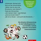 "Superspitze Fußballwitze", 500 Witze, ein Kind erzählt einem anderen von der Ehrenkarte, lustige Illustration mit Fußball.