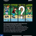 "Die drei ??? Kids" mit Comic-Bildern von drei Jungen im Wald. Ein großer, weißer Fragezeichen-Block ist in der Mitte.