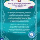 Ein märchenhaftes Cover mit blauem Hintergrund, Einhorn und Mädchen im Kreis. Sterne, Blumen und verzierte Rahmen ergänzen das Design.