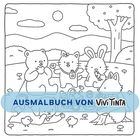 AUSMALBUCH VON Vivi Tinta. Illustration von Tieren beim Picknick unter Bäumen und Wolken.