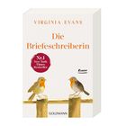 "Nr. 1 New York Times-Bestseller" in rotem Kreis, zwei Vögel auf Zaun, Titel: "Die Briefeschreiberin" von Virginia Evans.