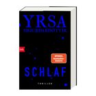 Text: "YRSA SIGURDARDÓTTIR, SCHLAF, Thriller, btb, SPIEGEL Bestseller-Autorin." Schwarzer Hintergrund mit blauen Punkten.