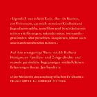 Roter Hintergrund mit weißem Text: Zitat über ein Universum der Kindheit. Lobende Rezension der Frankfurter Allgemeinen Zeitung.