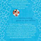 _Text über einen Pool als Zufluchtsort und Ellies Geschichte. Illustration eines kleinen Hundes mit Schwimmring in einem blauen Wasserdesign._