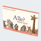 „Alle? Nicht alle!“ auf einem Postkarten-Set. Tiere wie Giraffe, Fuchs und Pinguin gezeichnet.