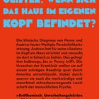 Text in blauer, großer Schrift auf rotem Hintergrund: "WIE ENTFLIEHT MAN EINEM HAUS VOLLER GEISTER, WENN SICH DAS HAUS IM EIGENEN KOPF BEFINDET?" Darunter kleinere Erklärung: Es geht um eine multiple Persönlichkeitsstörung und eine Reise durch die menschliche Psyche.