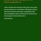 Text in weiß und orange auf grünem Hintergrund. Ein Zitat von Katja Gasser über das Buch von Susanne Gregor.