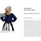 "Eine Müllerin setzt sich zur Wehr. Margarethe Müllemann (1603–1662)" – Text über Rechtsstreit einer Müllerin mit Illustration einer Frau.