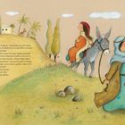 Text: Marias Bauch wird immer runder. Josef und Maria mit Esel. Illustration mit Hügeln, Palmen, einem Dorf im Hintergrund.