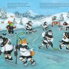 Eine winterliche Illustration zeigt Tiere in Eishockey-Ausrüstung auf einem zugefrorenen See mit Bäumen im Hintergrund.