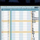 Kalenderseite März 2027. Oben Vollmond mit drei Hasensilhouetten. Unten Kalenderplaner mit Symbolen und Feiertagen.