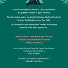 Eine Burg, zwei Personen und eine Rose oben. Text beschreibt Freunde, die einst Helden waren, nun zerstritten sind. Fantasy-Buch.