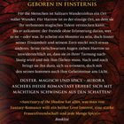 Eine grausame Vergangenheit, ein Geheimnis, eine Liebe. Beschreibung einer düsteren, magischen Handlung auf rotem Muster.