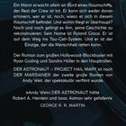 Text: "SEINE MISSION: DIE MENSCHHEIT RETTEN." Eine Buchrückseite, dunkler Hintergrund, schimmernde metallische Struktur.