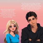 Zwei Textpassagen mit emotionalen Ausdrücken zieren eine Illustration eines lächelnden Mannes und einer Frau mit blondem Haar.