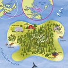 Karte von Firefly Island mit Wiese, Wald, Bootsstegen, Gebäude und Hubschrauberlandeplatz, umgeben vom Atlantischen Ozean.