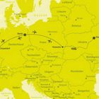 Ein gelber, stilisierter Kartenausschnitt zeigt Flugrouten von Düsseldorf nach Kiew über Berlin und Rzeszów.