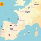 Illustration zeigt Europa mit Route und Städten: Münster, Düsseldorf, Versailles, Bordeaux, Bilbao, Madrid, Lissabon.