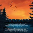 Text: „UNSCHULDIGE sollen für den ungerechtfertigten TOD eines Unschuldigen büßen... ein Akt der SÜHNE.“ Silhouetten von Bäumen und fliegenden Vögeln vor orangenem Himmel.
