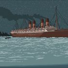 Eine Illustration eines großen Dampfschiffs mit vier Schornsteinen, das nachts auf dem Meer fährt.