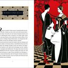 Auf goldener Fläche steht "ROMEO UND JULIA". Rechts eine Illustration: zwei schwarz-weiße Figuren auf rot-schwarzem Hintergrund.