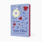 „Jane Austen: Anne Elliot oder die Kunst der Überredung.“ Illustration mit Kompass und Rosen auf blauem Hintergrund.